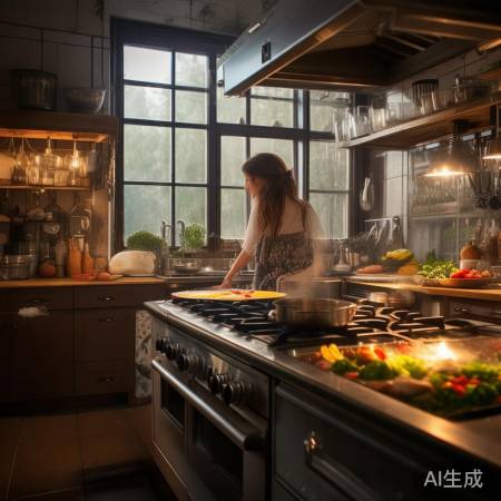 厨房烹饪，窗开通风除油烟