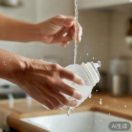冲洗奶瓶,清水洗净无残留