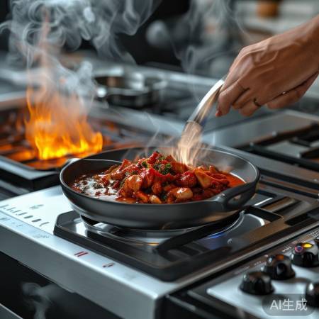 集成灶炒菜火力全开，烟机吸力强